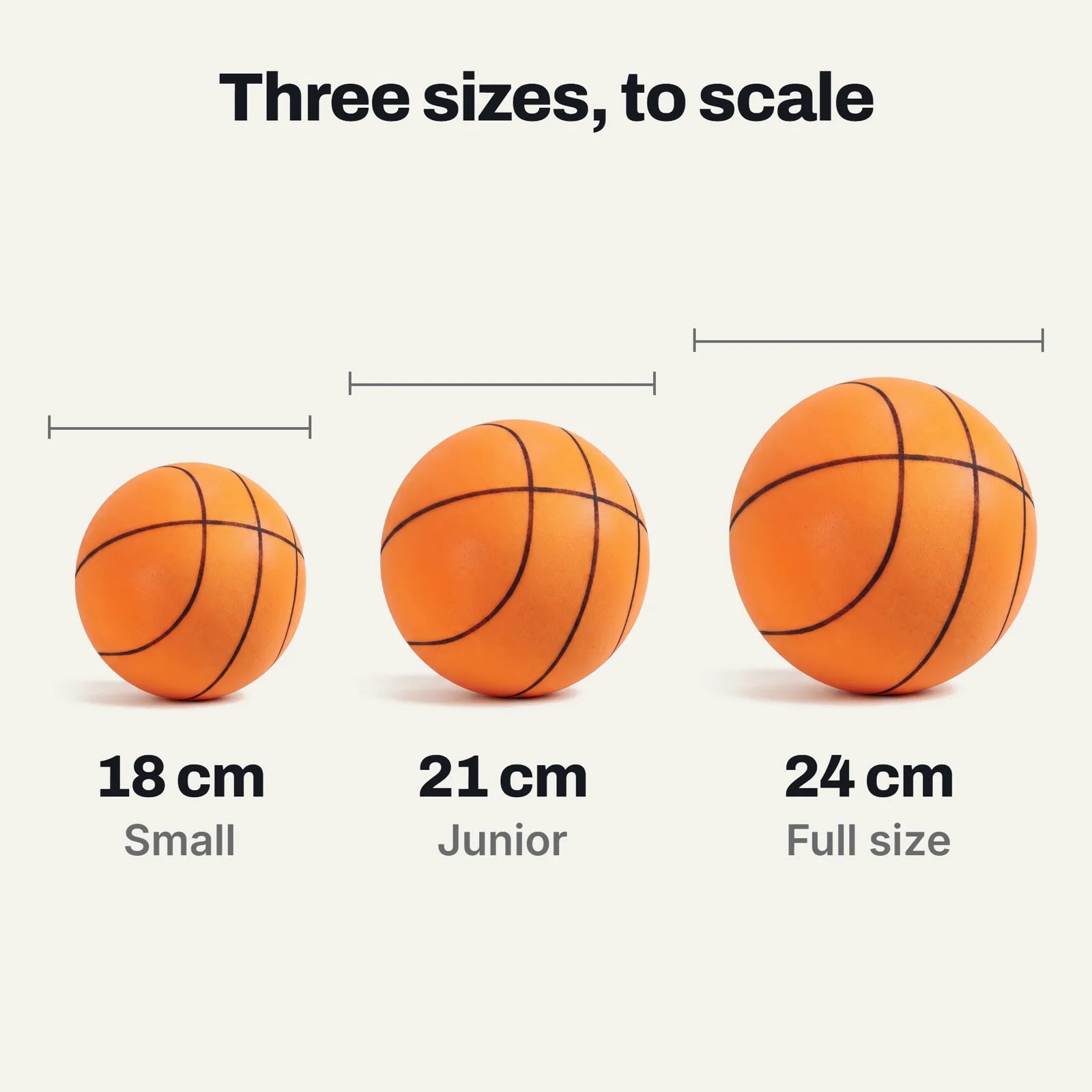 Hushoops Quiet Indoor Basketball in 18 cm (small), 21 cm (junior), 24 cm (full size), shown to scale